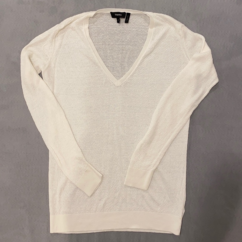 Theory White V Neck Sweater, Size S